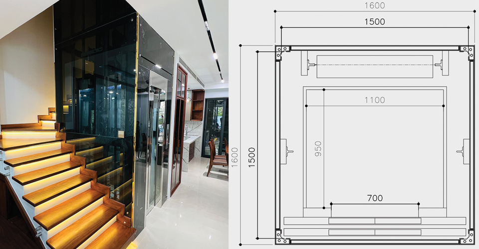 Kích thước thang máy kính tiêu chuẩn khung thép phổ biến hiện nay