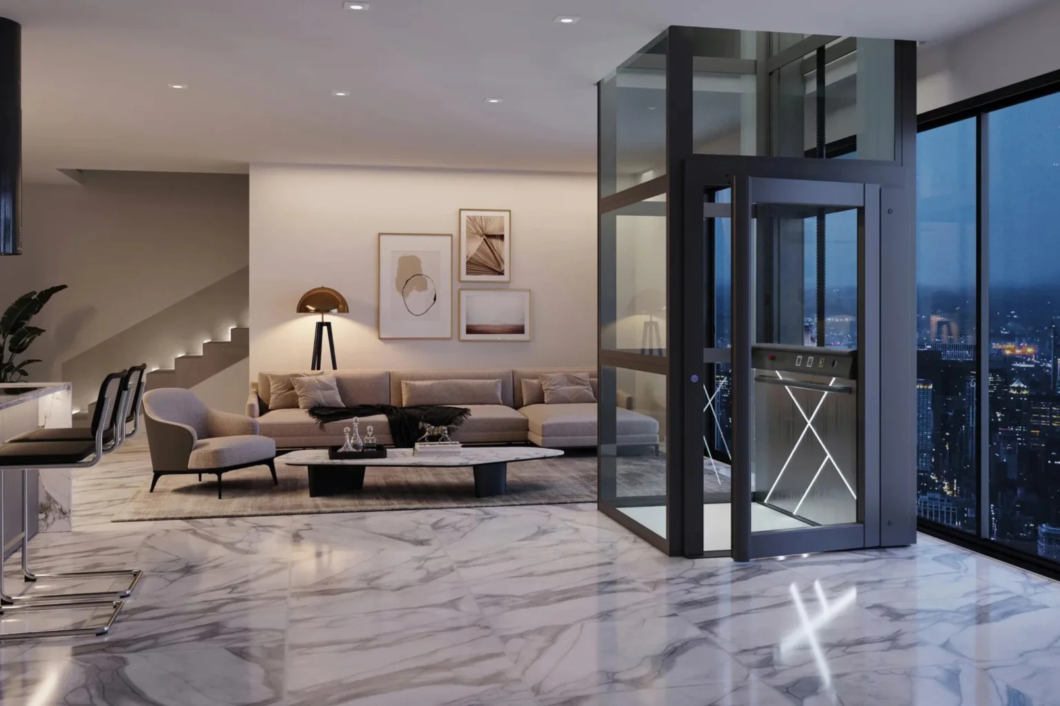 Mẫu cầu thang máy gia đình đẹp với khung màu đen đồng điệu với đường nét thiết kế tối giản, hiện đại