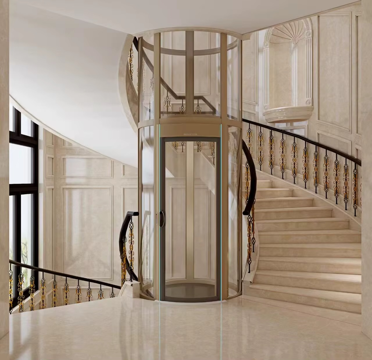 Thang máy trụ tròn, vách kính trong suốt với điểm nhấn vật liệu kim loại màu đồng/vàng nhạt ở khung và cửa