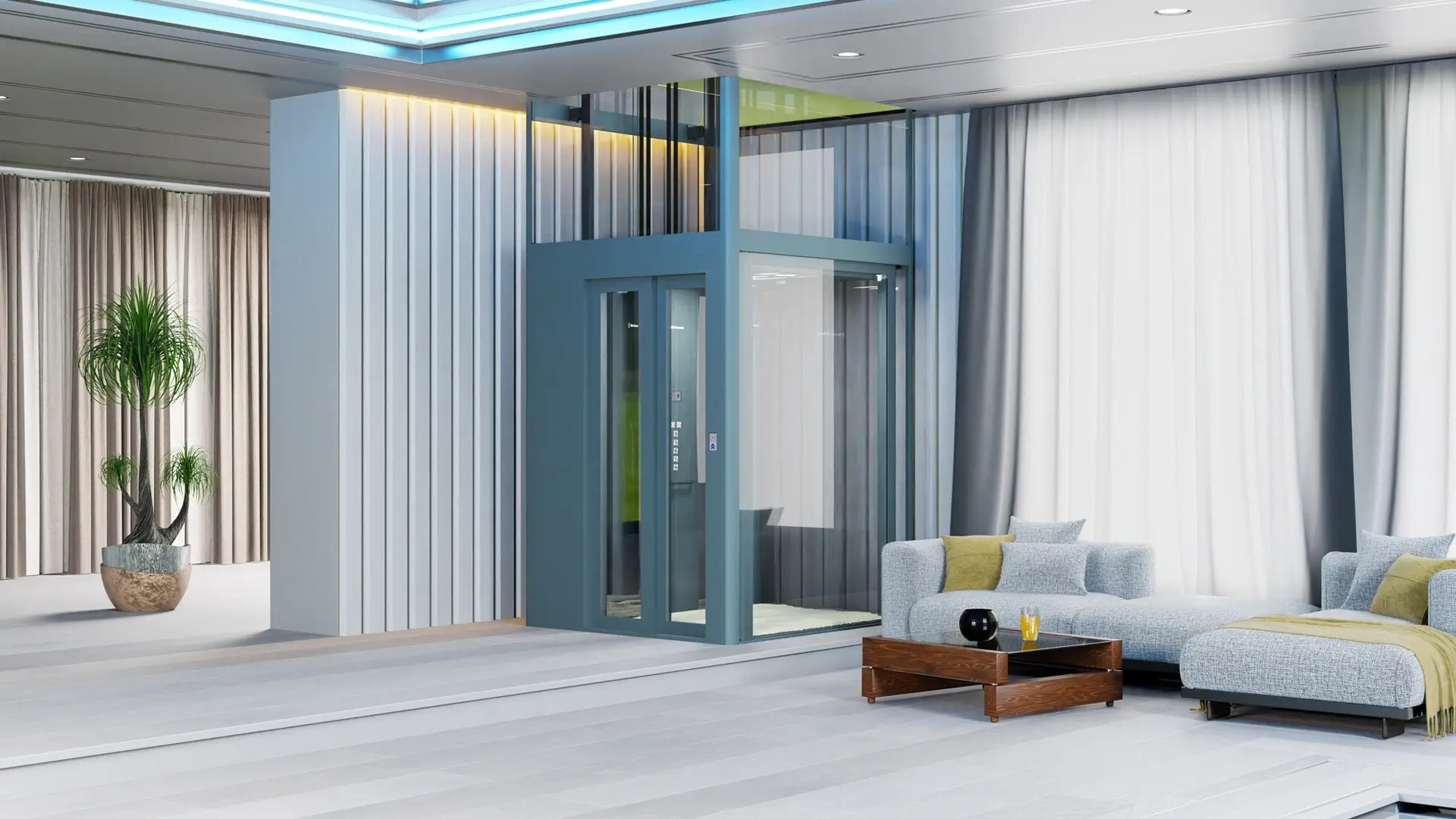 Khung và cửa thang máy sử dụng màu xanh xám tạo điểm nhấn màu sắc độc đáo