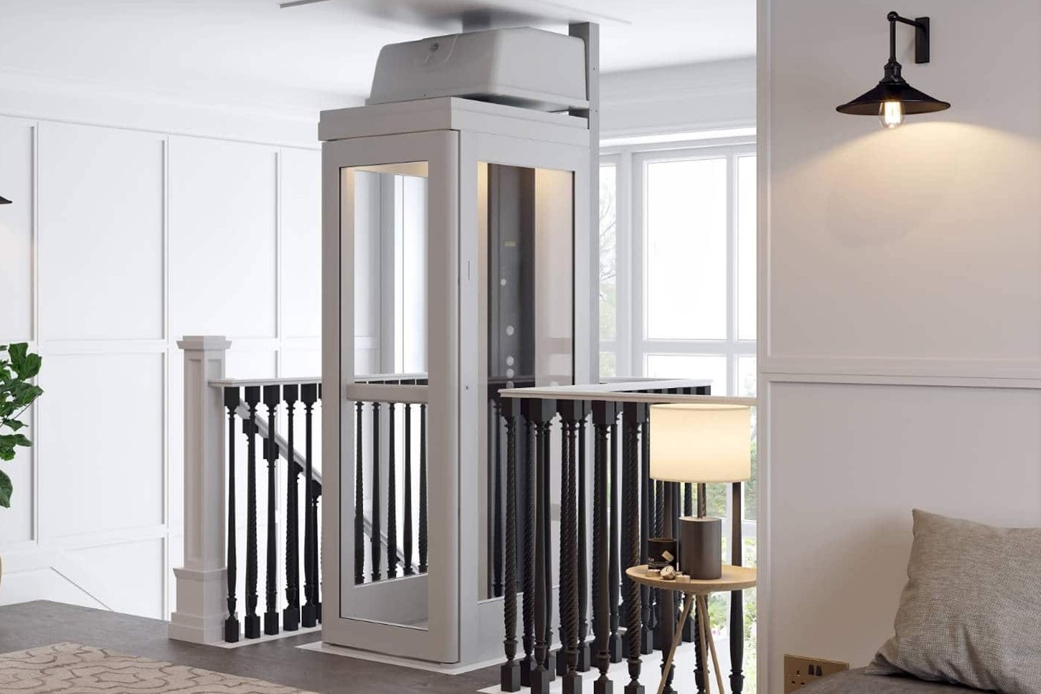 Cabin vuông với khung và vách cabin màu xám nhạt, có ô kính nhỏ ở phần trên của vách