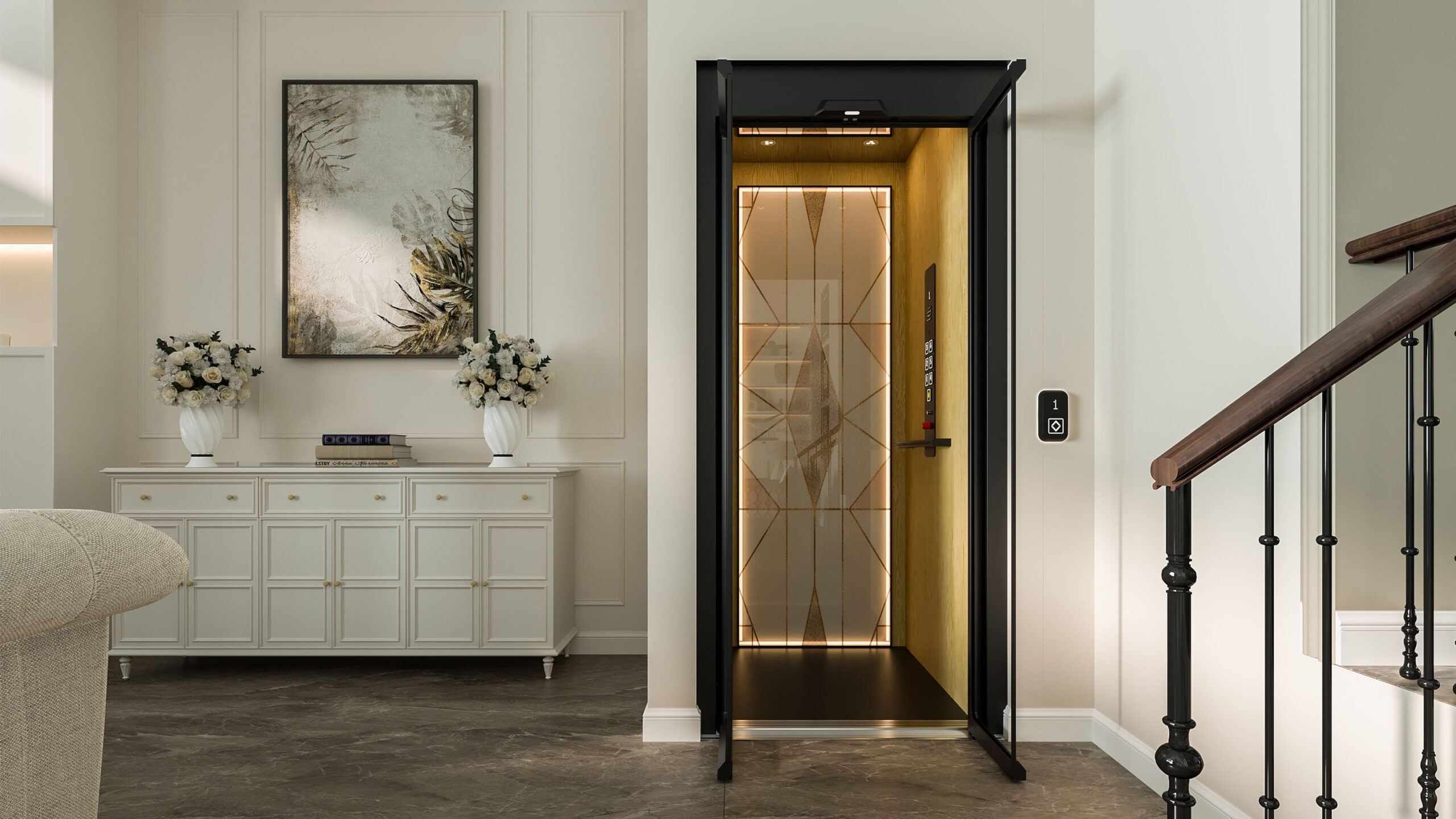 Mẫu cầu thang máy gia đình bằng gỗ và tấm đèn tùy chỉnh