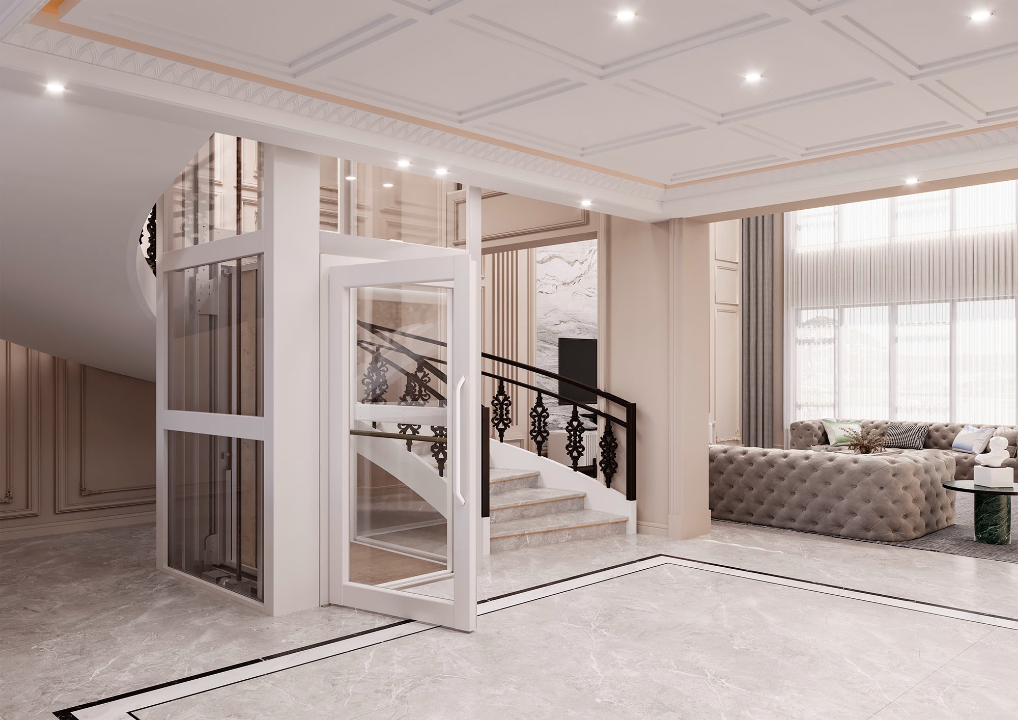 Mẫu thang máy gia đình cao cấp kích thước hợp lý với vách kính trong suốt không chiếm dụng không gian