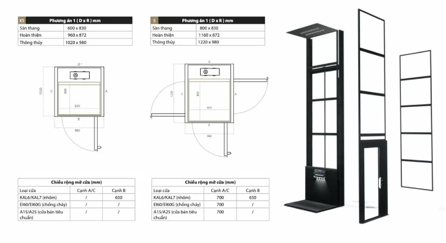 Minh họa 2 phương án kích thước hố thang máy gia đình 300kg