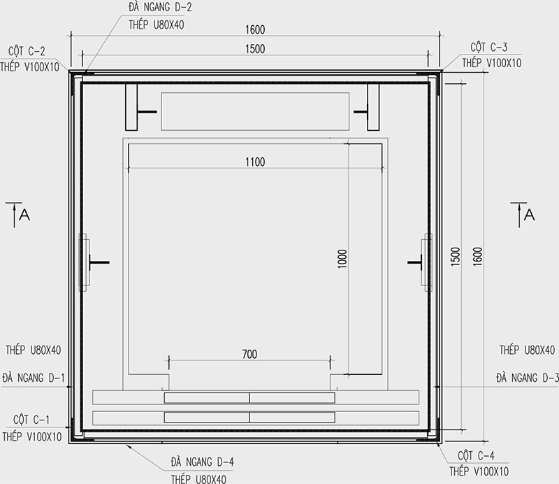 Bản vẽ mô phỏng kích thước thang máy gia đình 300kg