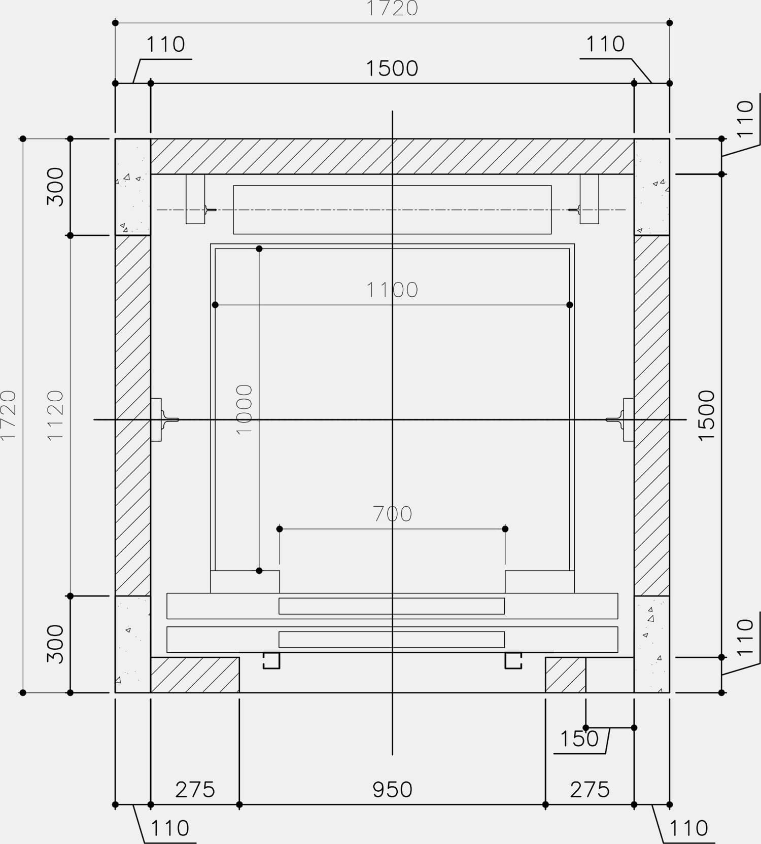 Bản vẽ mô phỏng kích thước hố thang máy gia đình tiêu chuẩn tải trọng 300kg