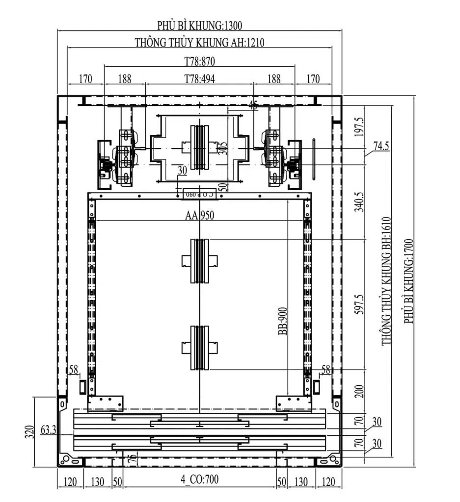 Bản vẽ mô phỏng kích thước thông thủy với kích thước phủ bì